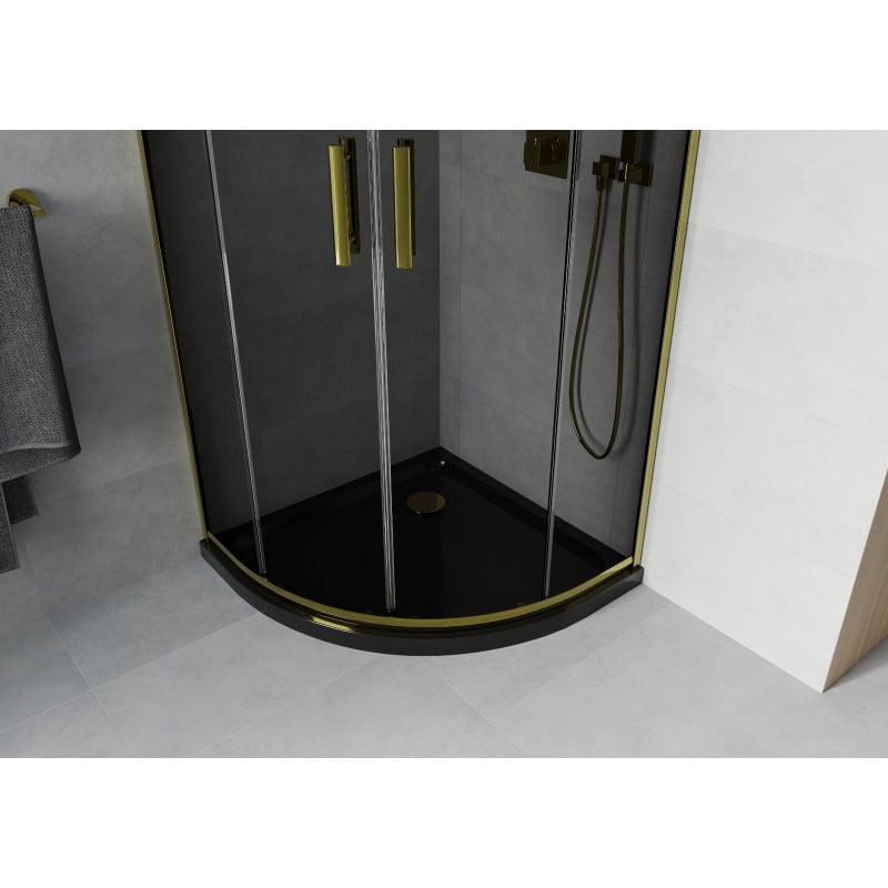 Mexen Rio cabine de douche en quart de cercle 90 x 90 cm, graphite, or + receveur Flat, noir - 863-090-090-50-40-4170G