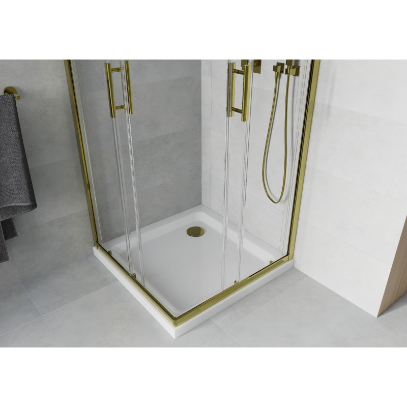 Mexen Rio cabine de douche carrée 80 x 80 cm, transparent, dorée + receveur Flat, blanc - 860-080-080-50-00-4010G