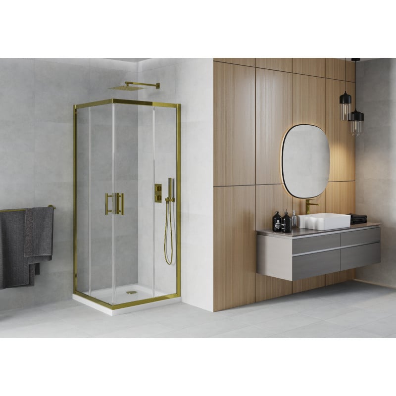 Mexen Rio cabine de douche carrée 80 x 80 cm, transparent, or + receveur plat, blanc - 860-080-080-50-00-4010G