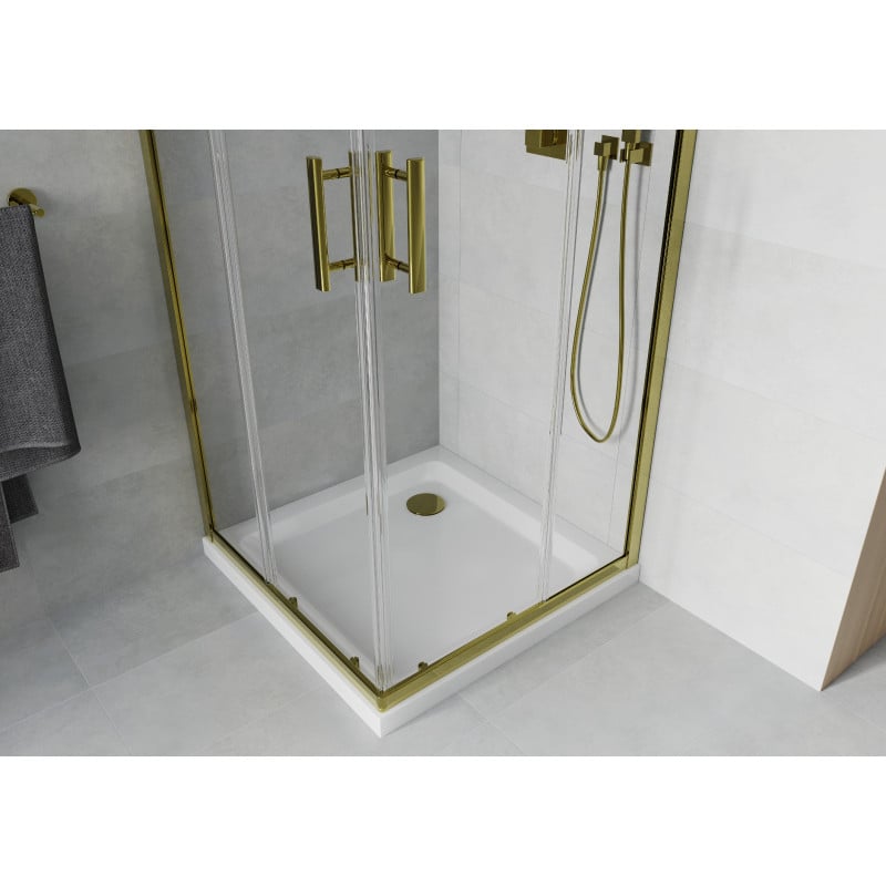 Mexen Rio cabine de douche carrée 90 x 90 cm, transparente, dorée + receveur Flat, blanc - 860-090-090-50-00-4010G