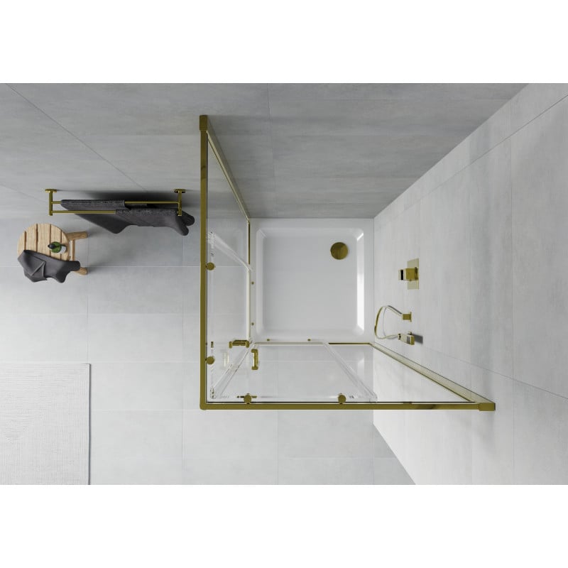 Mexen Rio cabine de douche carrée 90 x 90 cm, transparente, dorée + receveur Flat, blanc - 860-090-090-50-00-4010G