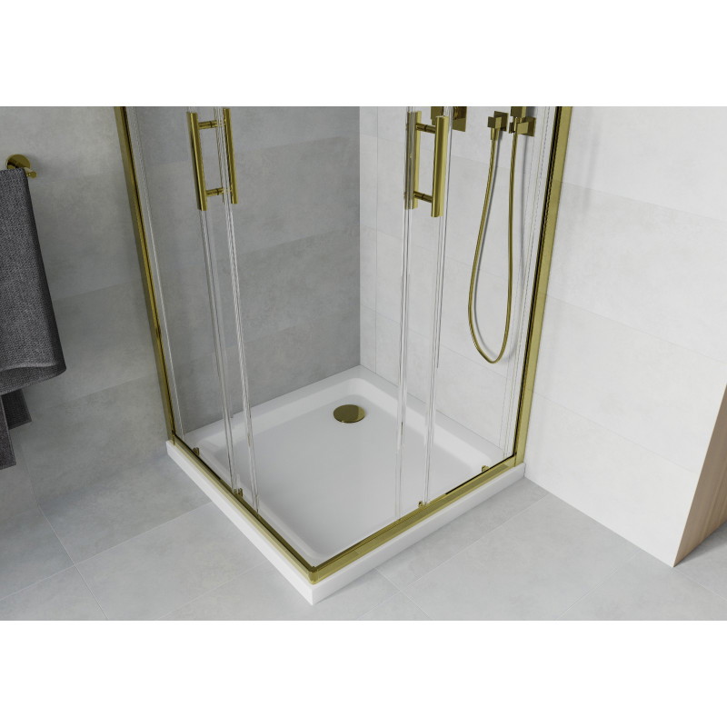 Mexen Rio cabine de douche carrée 90 x 90 cm, transparente, dorée + receveur Flat, blanc - 860-090-090-50-00-4010G