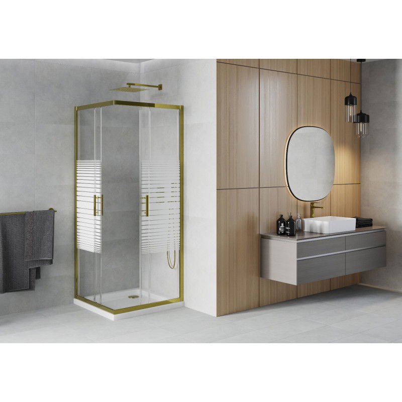 Mexen Rio cabine de douche carrée 80 x 80 cm, bandes blanches, or + receveur Flat, blanc - 860-080-080-50-20-4010G