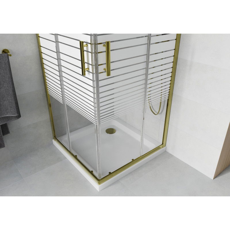 Mexen Rio cabine de douche carrée 80 x 80 cm, bandes blanches, or + receveur Flat, blanc - 860-080-080-50-20-4010G