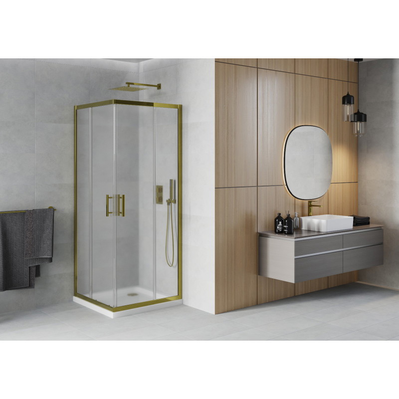 Mexen Rio cabine de douche carrée 80 x 80 cm, givrée, or + receveur de douche Flat, blanc - 860-080-080-50-30-4010G