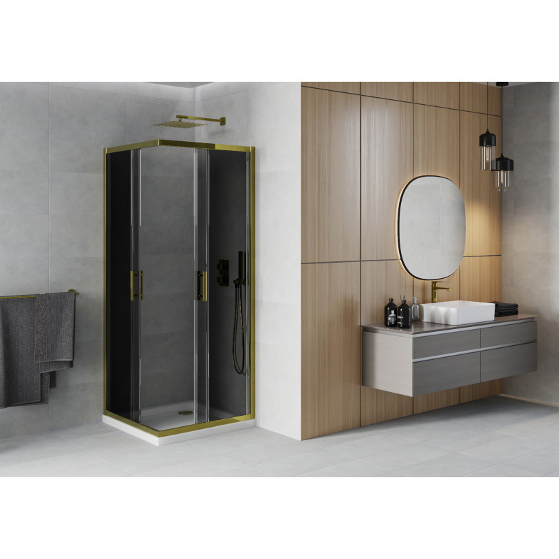 Mexen Rio cabine de douche carrée 80 x 80 cm, graphite, or + receveur Flat, blanc - 860-080-080-50-40-4010G