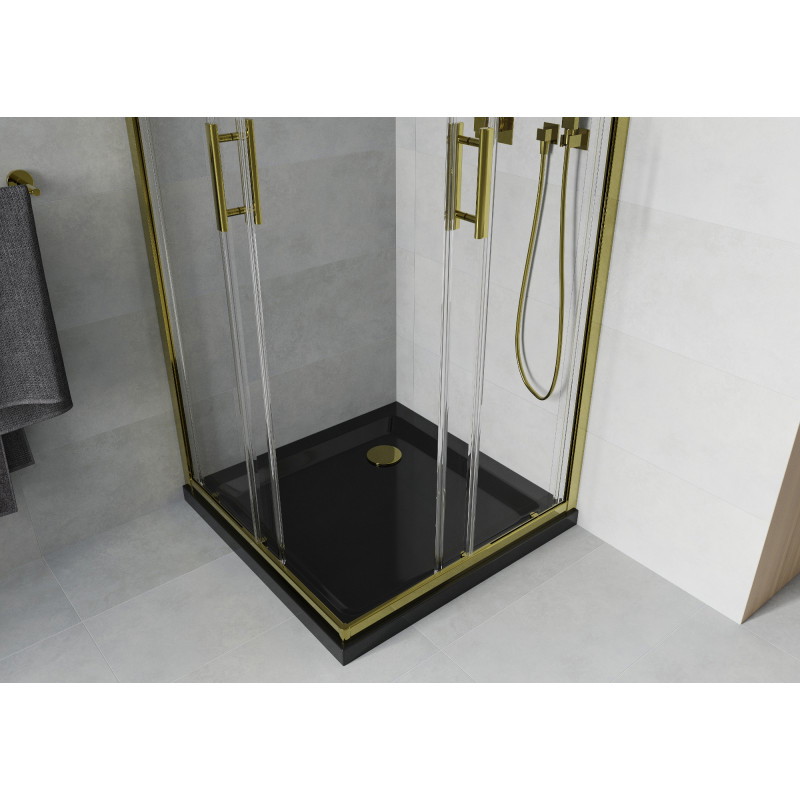 Mexen Rio cabine de douche carrée 80 x 80 cm, transparente, or + receveur Flat, noir - 860-080-080-50-00-4070G
