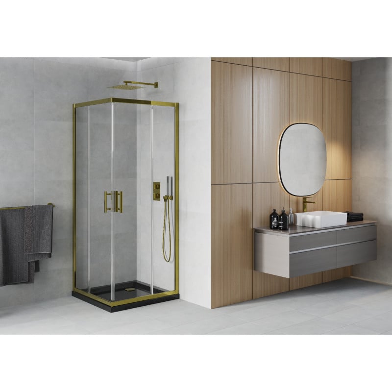 Mexen Rio cabine de douche carrée 80 x 80 cm, transparente, dorée + receveur Flat, noir- 860-080-080-50-00-4070G
