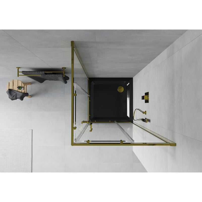Mexen Rio cabine de douche carrée 80 x 80 cm, transparente, dorée + receveur Flat, noir- 860-080-080-50-00-4070G