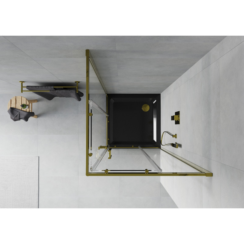 Mexen Rio cabine de douche carrée 80 x 80 cm, transparente, or + receveur Flat, noir - 860-080-080-50-00-4070G