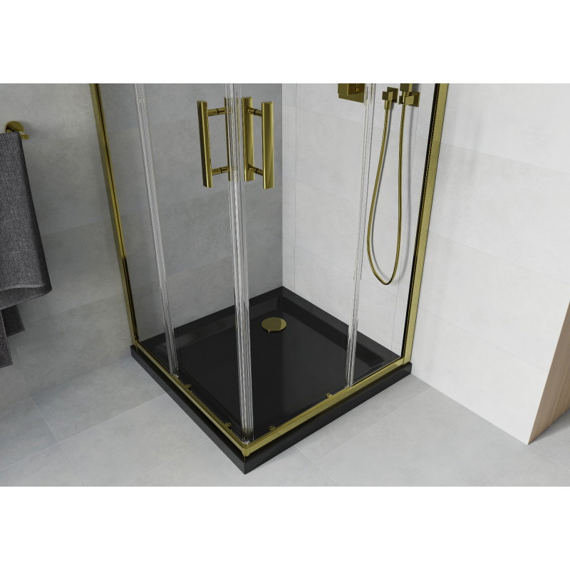 Mexen Rio cabine de douche carrée 90 x 90 cm, transparente, dorée + receveur Flat, noir- 860-090-090-50-00-4070G