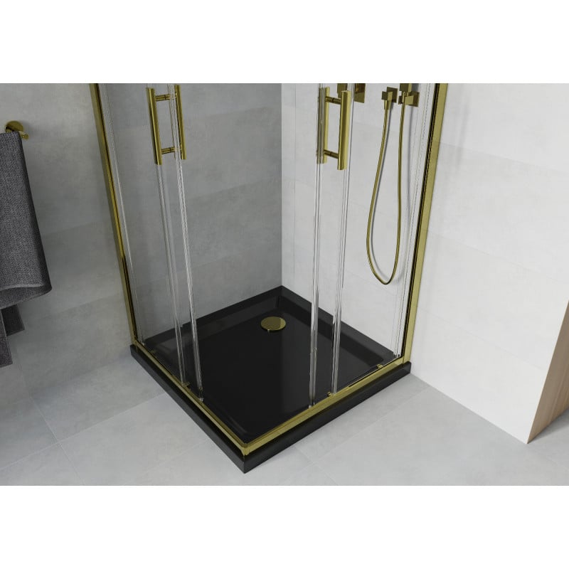 Mexen Rio cabine de douche carrée 90 x 90 cm, transparente, dorée + receveur Flat, noir- 860-090-090-50-00-4070G
