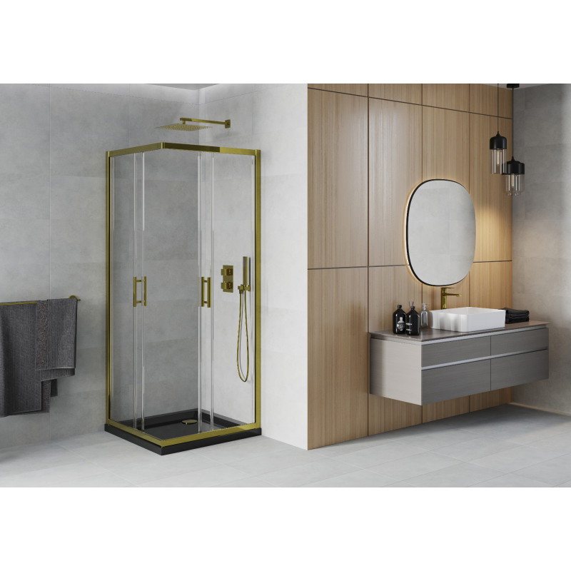 Mexen Rio cabine de douche carrée 90 x 90 cm, transparente, dorée + receveur plat, noir - 860-090-090-50-00-4070G