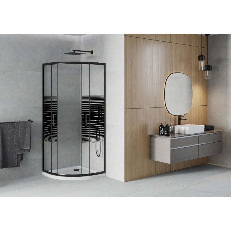 Mexen Rio cabine de douche semi-circulaire 80 x 80 cm, bandes noires, noir + receveur plat, blanc - 863-080-080-70-20-4110B