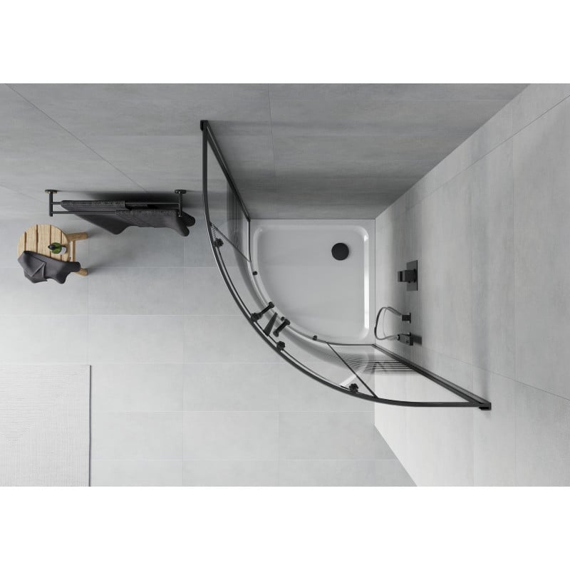 Mexen Rio cabine de douche semi-circulaire 90 x 90 cm, bandes noires, noir + receveur plat, blanc - 863-090-090-70-20-4110B