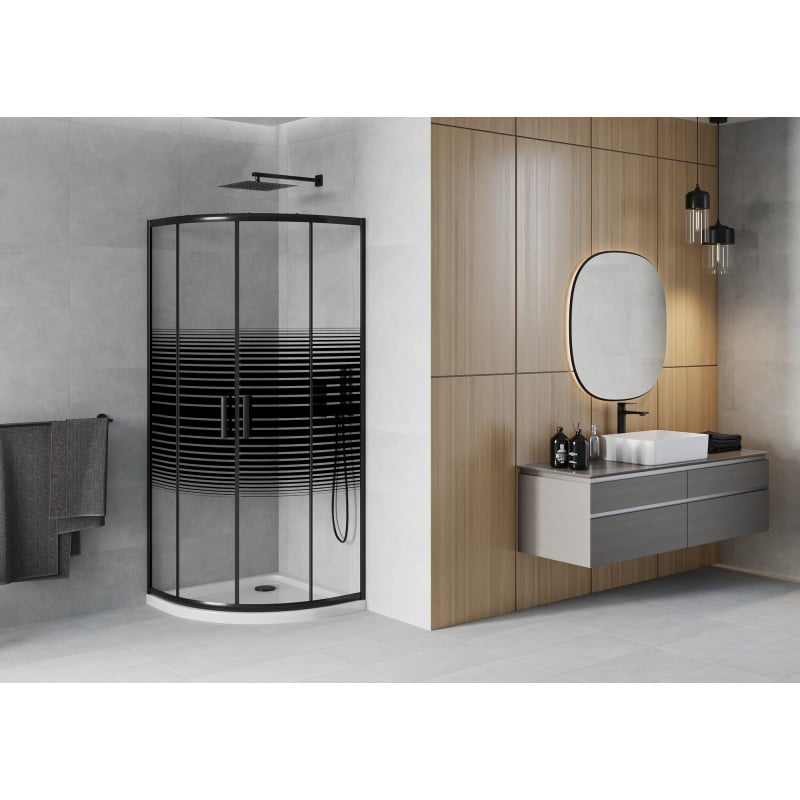 Mexen Rio cabine de douche semi-circulaire 90 x 90 cm, bandes noires, noir + receveur plat, blanc - 863-090-090-70-20-4110B