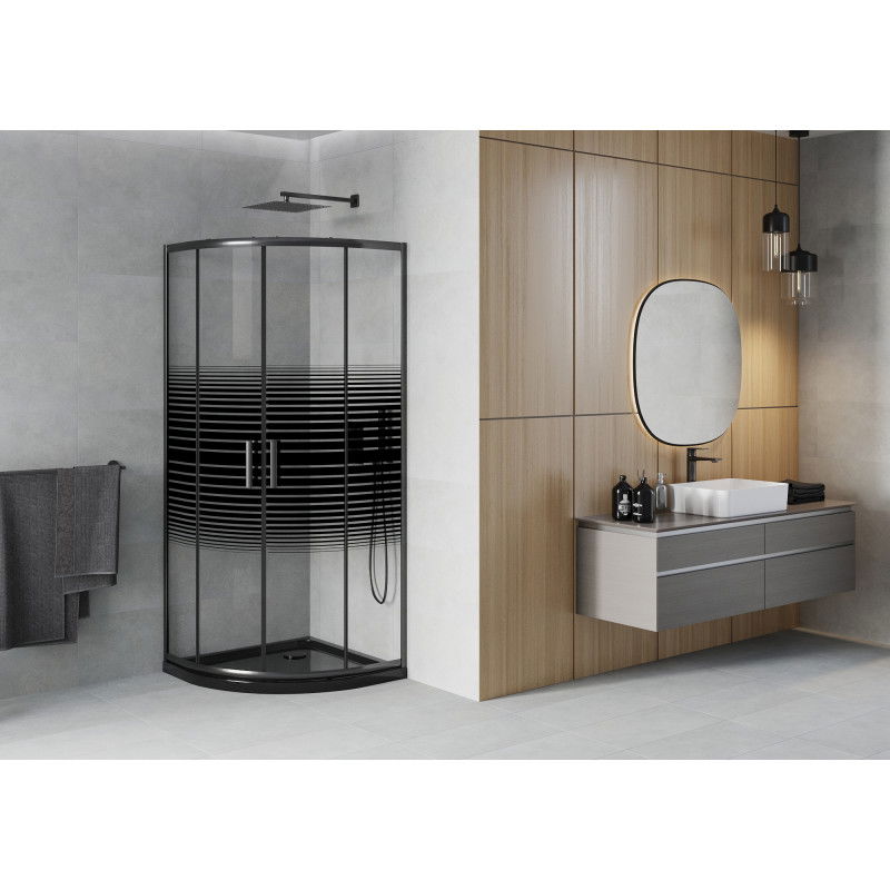 Mexen Rio cabine de douche semi-circulaire 80 x 80 cm, bandes noires, noir + receveur Plat, noir - 863-080-080-70-20-4170B