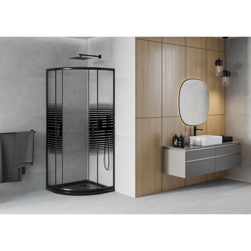Mexen Rio cabine de douche semi-circulaire 90 x 90 cm, bandes noires, noir + bac Flat, noir - 863-090-090-70-20-4170B