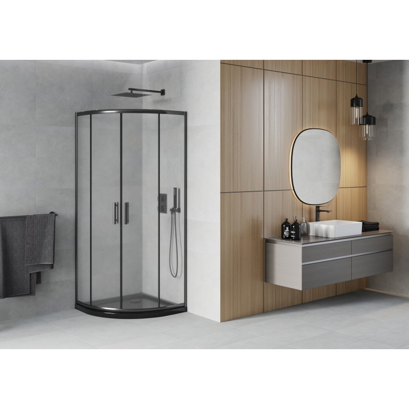 Mexen Rio cabine de douche semi-circulaire 80 x 80 cm, givrée, noire + receveur Flat, noir - 863-080-080-70-30-4170B