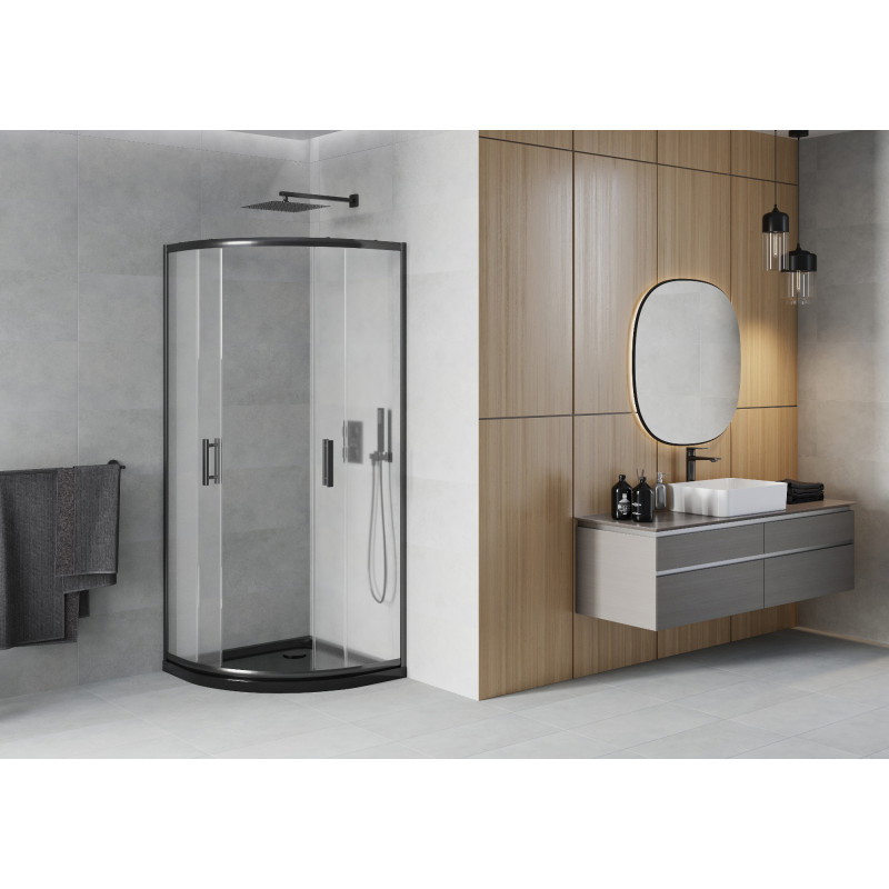 Mexen Rio cabine de douche semi-circulaire 80 x 80 cm, givrée, noire + receveur Flat, noir - 863-080-080-70-30-4170B