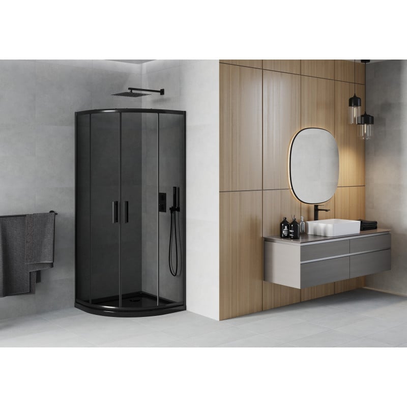 Mexen Rio cabine de douche semi-circulaire 80 x 80 cm, graphite, noire + receveur Flat, noir 863-080-080-70-40-4170B