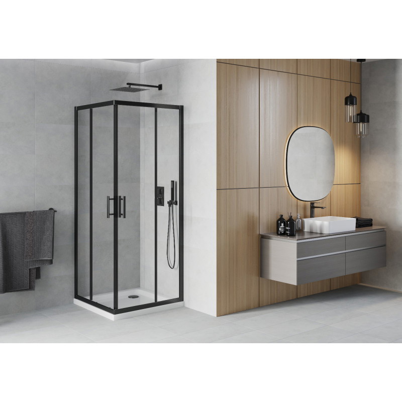Mexen Rio cabine de douche carrée 80 x 80 cm, transparente, noire + receveur Flat, blanc - 860-080-080-70-00-4010B