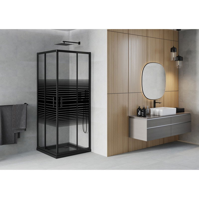 Mexen Rio cabine de douche carrée 90 x 90 cm, bandes noires, noir + receveur plat, noir - 860-090-090-70-20-4070B