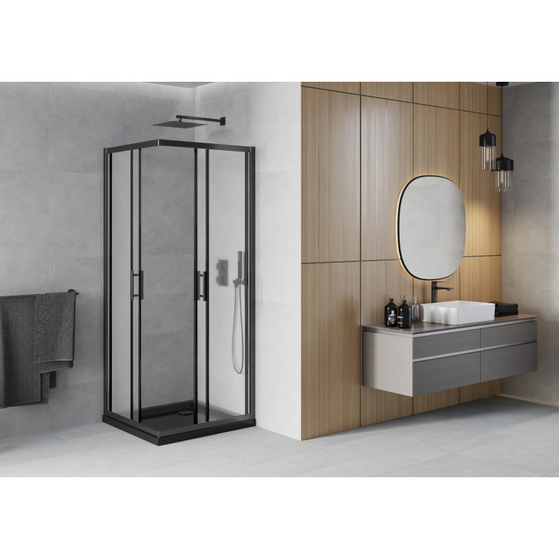 Mexen Rio cabine de douche carrée 80 x 80 cm, givrée, noire + receveur Flat, noir - 860-080-080-70-30-4070B
