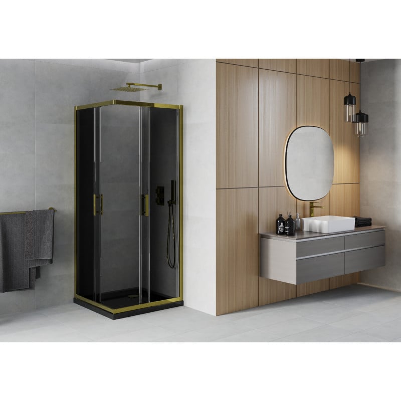 Mexen Rio cabine de douche carrée 70 x 70 cm, graphite, or + receveur Flat, noir - 860-070-070-50-40-4070G
