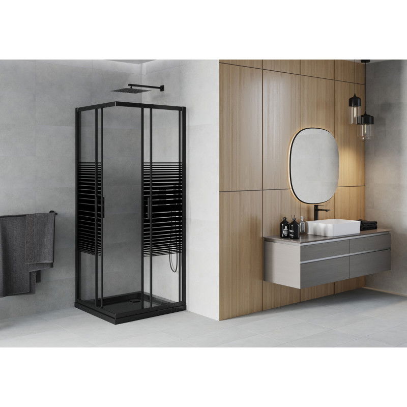 Mexen Rio cabine de douche carrée 70 x 70 cm, bandes noires, noire + receveur Flat, noir - 860-070-070-70-20-4070B