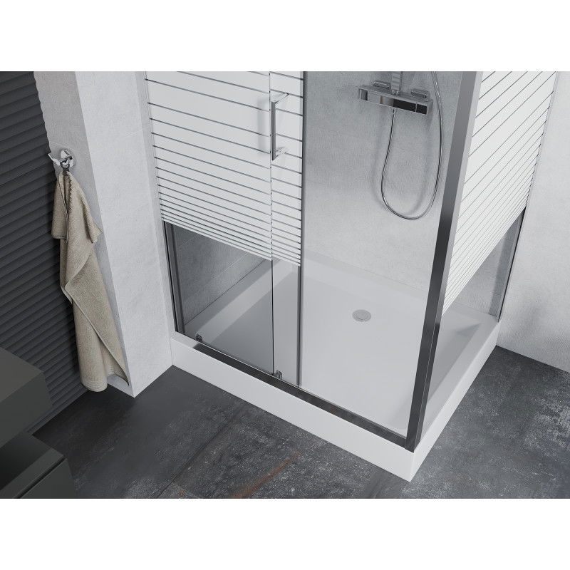 Mexen Apia cabine de douche coulissante 100 x 80 cm, bandes blanches, chrome + bac Rio - 840-100-080-01-20-4510