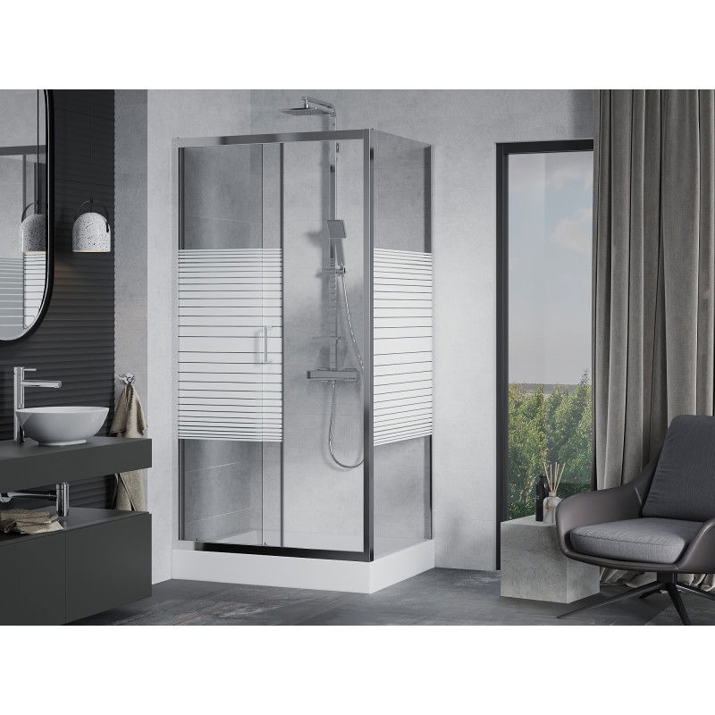 Mexen Apia cabine de douche coulissante 100 x 80 cm, bandes blanches, chrome + bac Rio - 840-100-080-01-20-4510