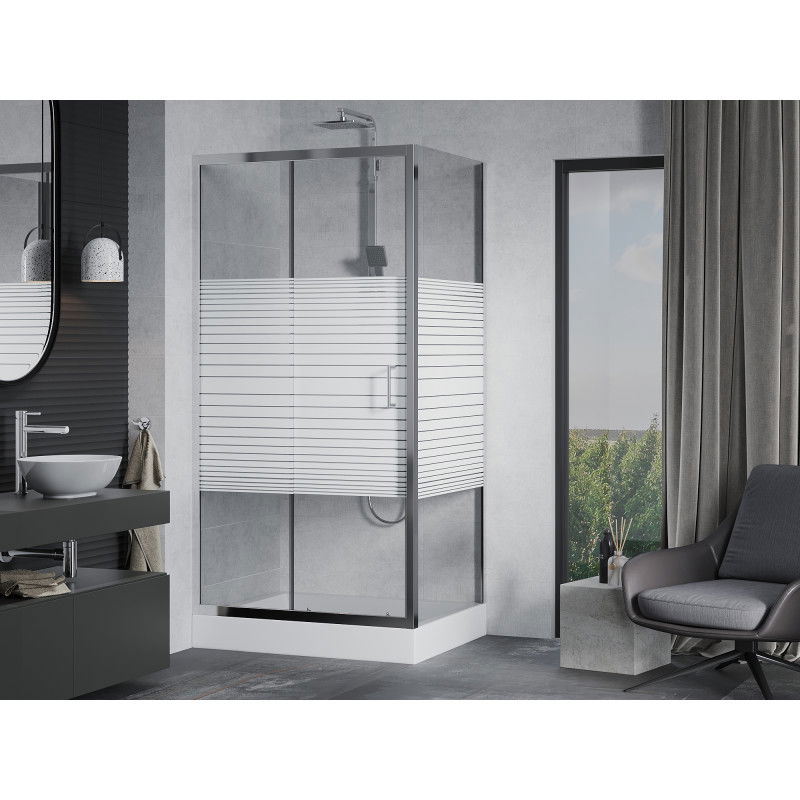 Mexen Apia cabine de douche coulissante 100 x 80 cm, bandes blanches, chrome + bac Rio - 840-100-080-01-20-4510