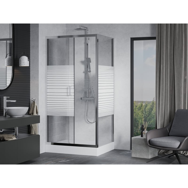 Mexen Apia cabine de douche coulissante 120 x 80 cm, bandes blanches, chrome + receveur Rio - 840-120-080-01-20-4510