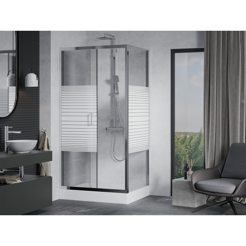 Mexen Apia cabine de douche coulissante 120 x 90 cm, bandes blanches, chrome + receveur Rio - 840-120-090-01-20-4510