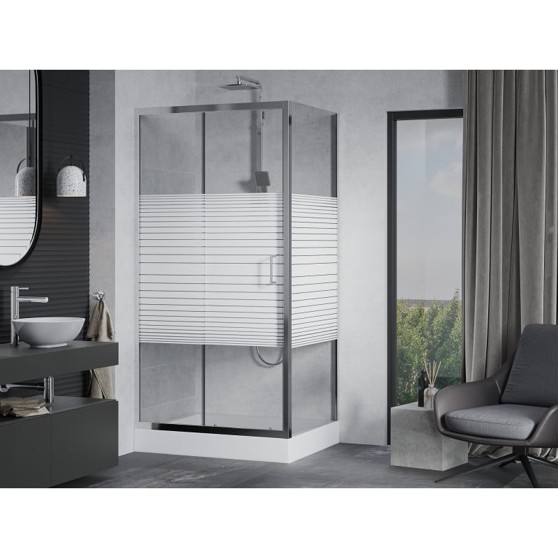 Mexen Apia cabine de douche coulissante 120 x 90 cm, bandes blanches, chrome + receveur Rio - 840-120-090-01-20-4510