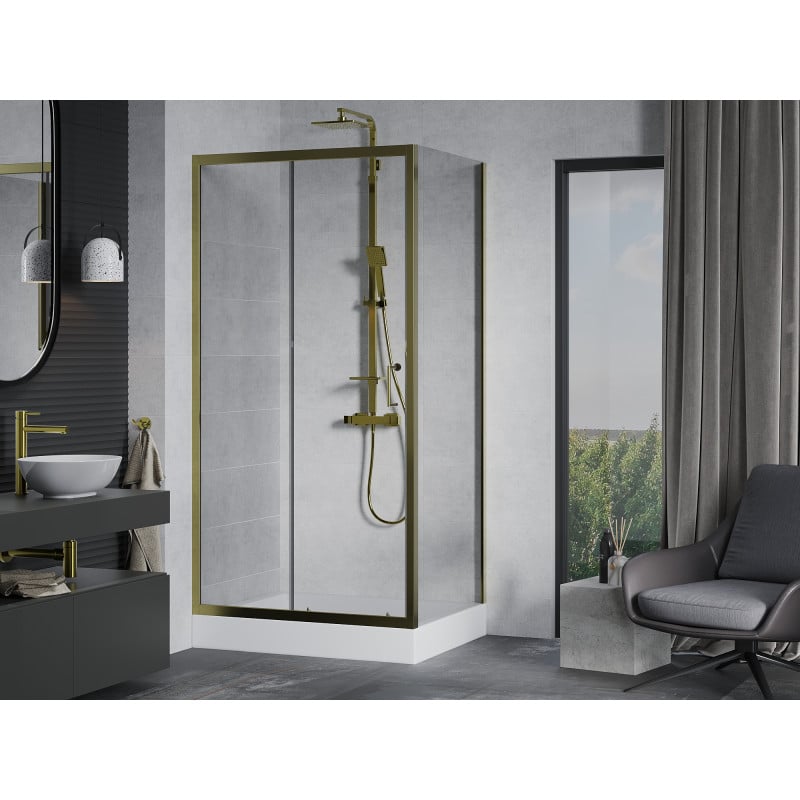 Mexen Apia cabine de douche coulissante 120 x 80 cm, transparent, dorée + bac à douche Rio - 840-120-080-50-00-4510