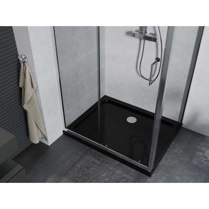 Mexen Apia cabine de douche coulissante 90 x 100 cm, transparent, chrome + receveur Flat, noir - 840-090-100-01-00-4070