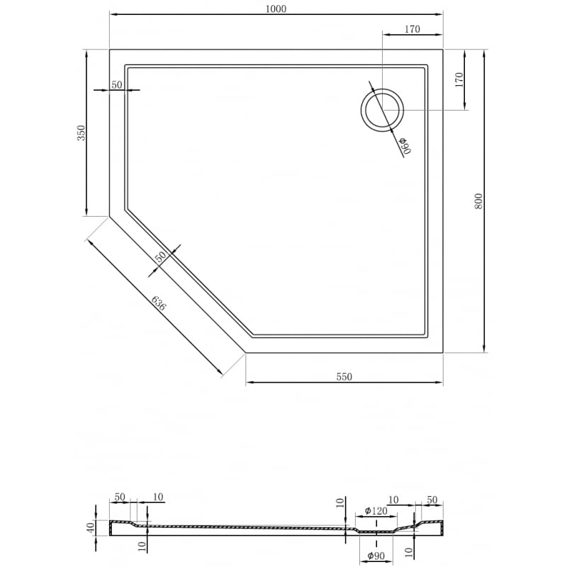 Mexen Flow receveur de douche pentagonal slim droit 100 x 80 cm, blanc brillant - 46P108010R
