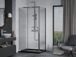 Mexen Apia cabine de douche coulissante 120 x 80 cm, transparent, chromé + receveur Flat, noir - 840-120-080-01-00-4070