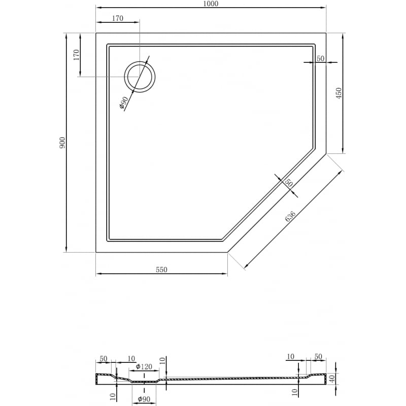 Mexen Flow receveur de douche pentagonal slim gauche 100 x 90 cm, blanc brillant - 46P109010L