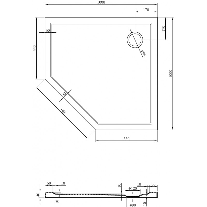 Mexen Flow receveur de douche pentagonal slim 100 x 100 cm, blanc brillant - 46P101010