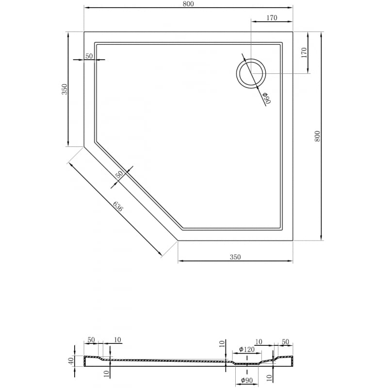 Mexen Flow receveur de douche pentagonal slim 80 x 80 cm, blanc brillant - 46P108080