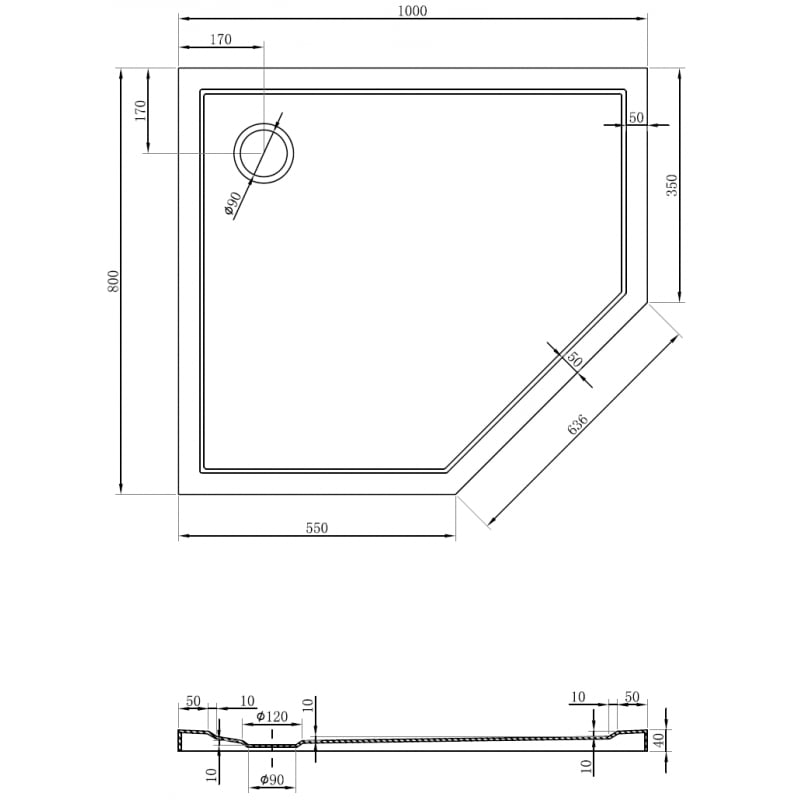 Mexen Flow receveur de douche pentagonal slim gauche 100 x 80 cm, noir mat - 46P708010L