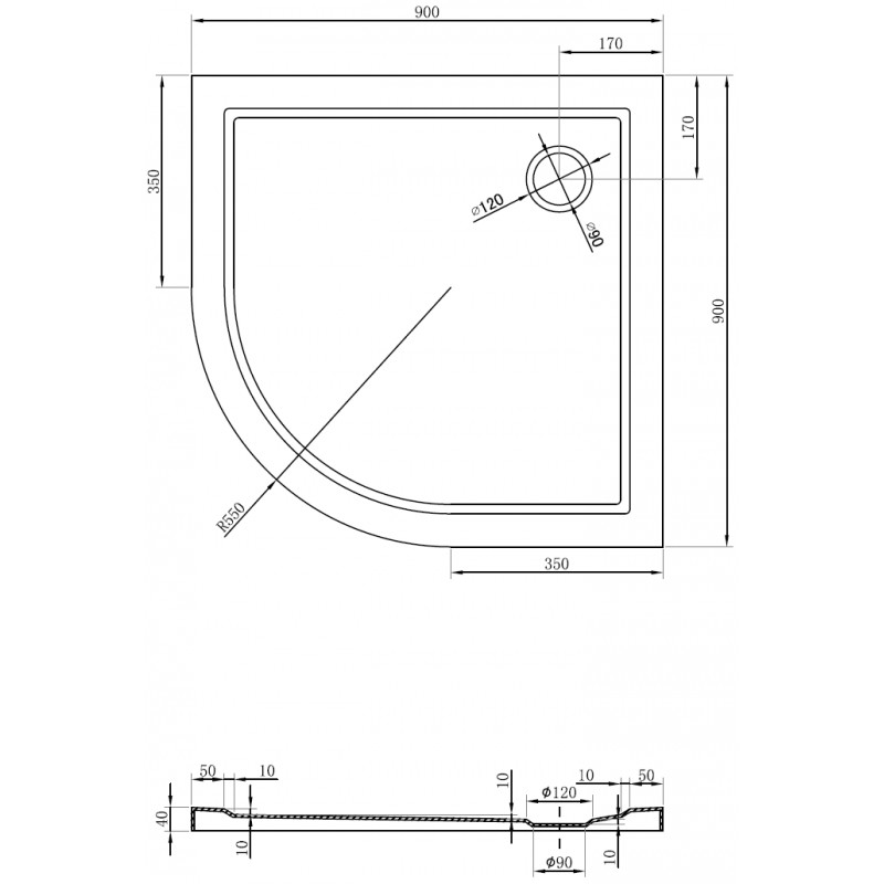 Mexen Flow receveur de douche semi-circulaire slim 90 x 90 cm, noir mat - 46Q709090