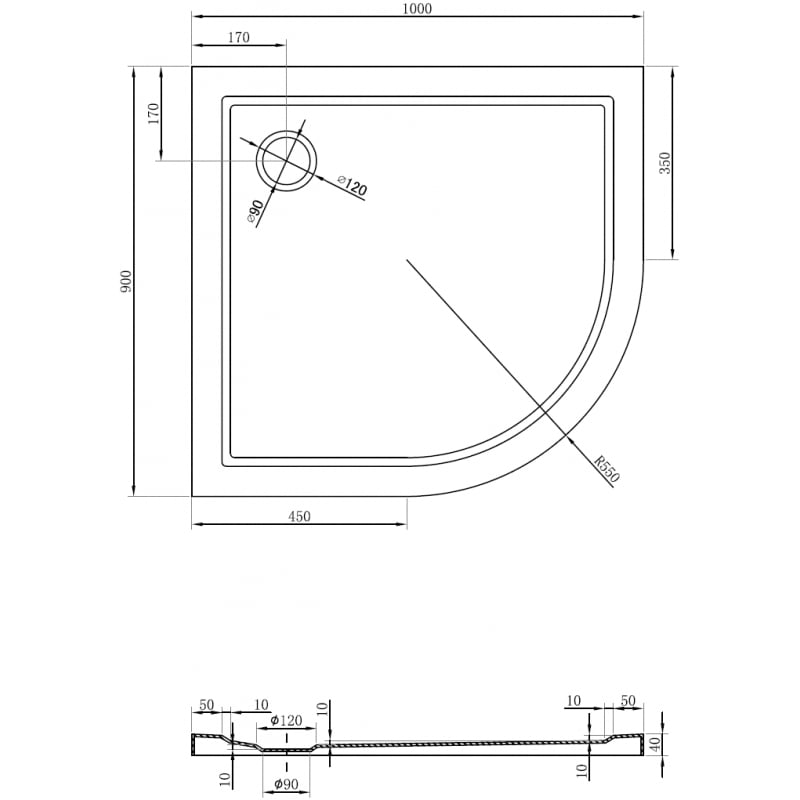 Mexen Flow receveur de douche quart de cercle asymétrique slim gauche 100 x 90 cm, noir mat - 46Q709010L