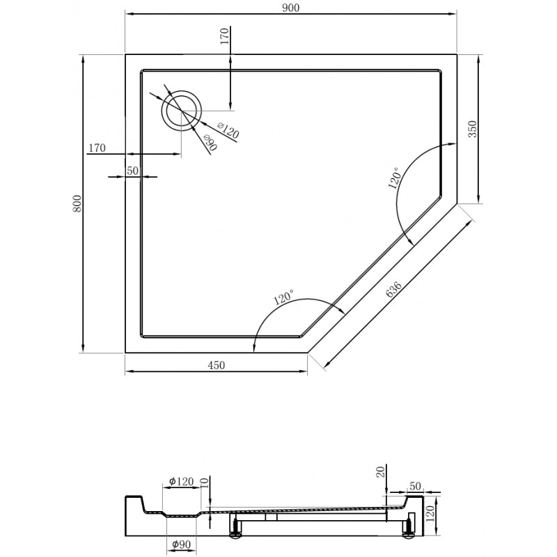 Mexen Flow+ receveur de douche pentagonal gauche 90 x 80 cm, blanc brillant - 46P108090LH