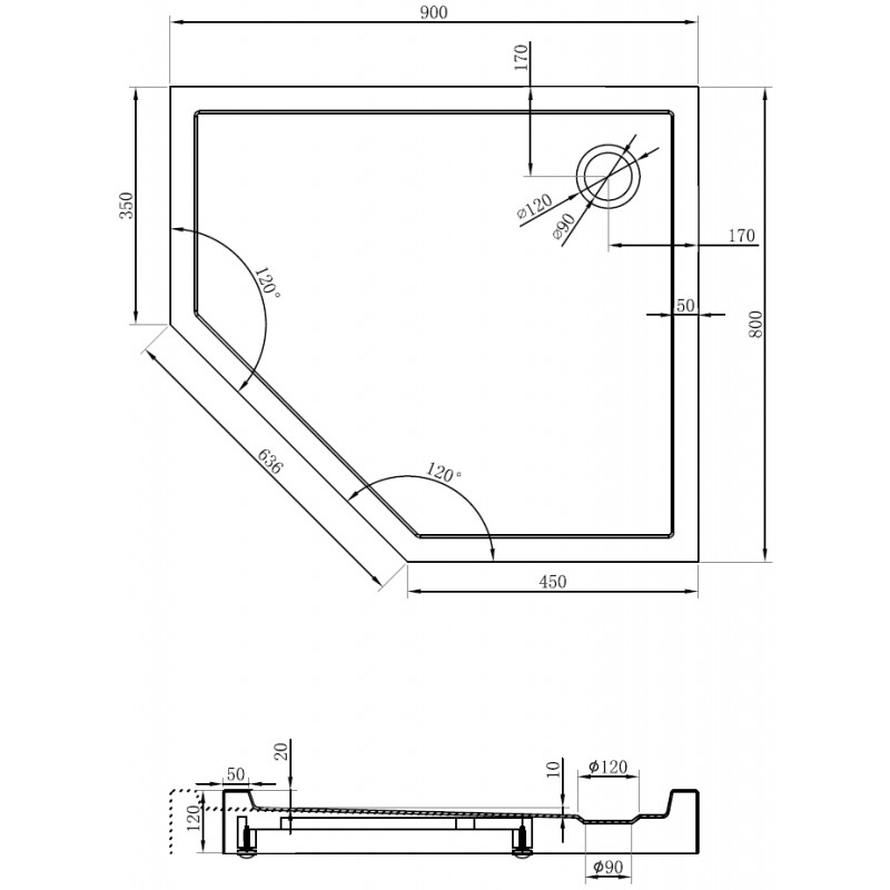 Mexen Flow+ receveur de douche pentagonal droit 90 x 80 cm, blanc brillant - 46P108090RH