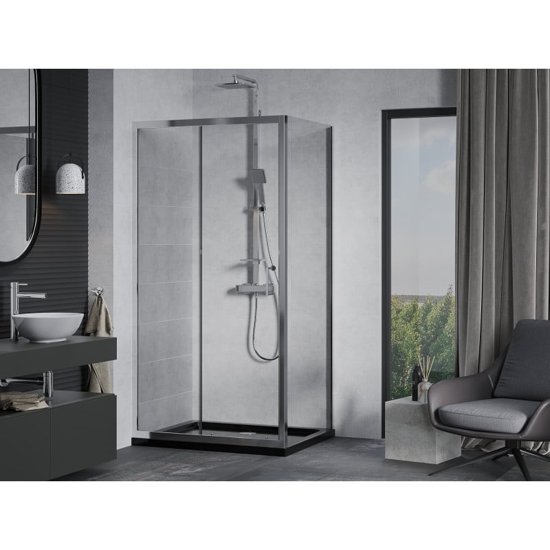 Mexen Apia cabine de douche coulissante 130 x 90 cm, transparent, chrome + receveur Flat, noir - 840-130-090-01-00-4070