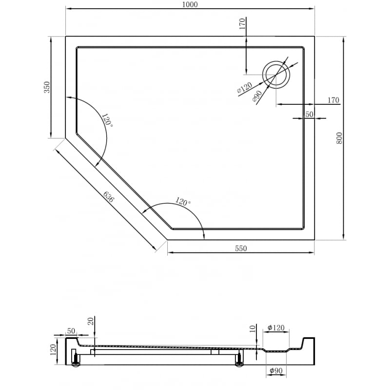 Mexen Flow+ receveur de douche pentagonal droit 100 x 80 cm, blanc brillant - 46P108010RH